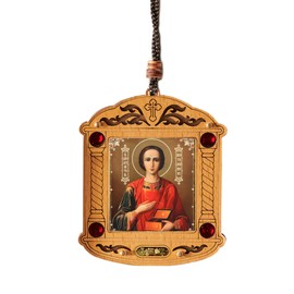 Needzo St Saint Panteleimon Healer Orthodox Icon Wooden Mini Shrine with Crystal Incense Car Icon, Room Icon 3 1/4 Inch
