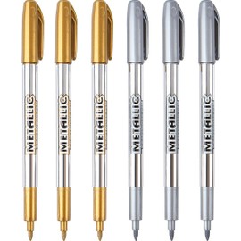 MyLifeUNIT Metallic Marker Pens, 6-Pack Metallic Gold Silver Permanent Markers, Fine Point (3 Gold 3 Silver)