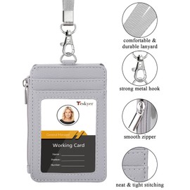 Teskyer Badge Holder with Side Zip Pocket, Multiple Card Slots Leather ID Holder Wallet with Neck Lanyard for Office Staffs, Teachers/Students, Workers, Cruise Cards, Bus/Metro Cards, Lichee Gray