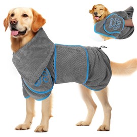 SlowTon Dog Bathrobe Towel - Super Absorbent Microfiber Pet Quick Drying Towel, Wearable Soft Bath Robes for After Bath Shower Swim Wet Walk, Adjustable for Small Middle Large Dogs (Grey, L)