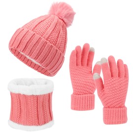 Runmeihe Hat Scarf Gloves Set for Women Ladies, 3 in 1 Winter Warm Knitted Set, Cold Weather Set with Knit Beanie Cap Touch Screen Gloves Circle Neck Scarf (UK, Alpha, One Size, Pink)