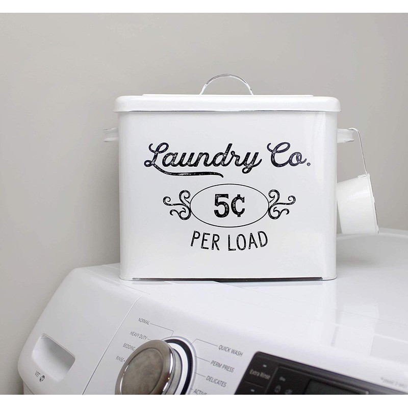 AuldHome Design Farmhouse Laundry Powder Container, White Enamelware Detergent Bin