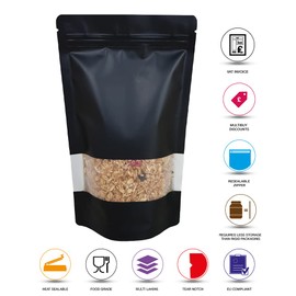 RIGHTPAK Stand Up Pouch 25 Pieces 16cm x 23cm Black Matt with Window, Heat Sealable Ziplock for Food Storage Smell Proof Bags Tear Notch