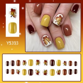 EYZOTSF Thanksgiving Press on Short Square Nails Acrylic Fall False Nails with Maple Leaf Designs Artificial Autumn Leaves Square Fake Nails Holiday Glue Stick ons Fingernails for Women(YS393)