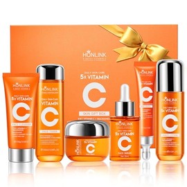 Glown - Juego de 6 piezas para el cuidado de la piel hidratante con 5X vitamina C y niacinamida colágeno, kit de cuidado facial HONLINK incluye tóner, suero facial, limpiador, humectante, crema para