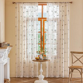 AmHoo 2 Panels Linen Floral Leaf Embroidered Semi Sheer Curtain Farmhouse Voile Curtains for Living Room Bedroom Window Treatment Brown 52 x 63 Inch