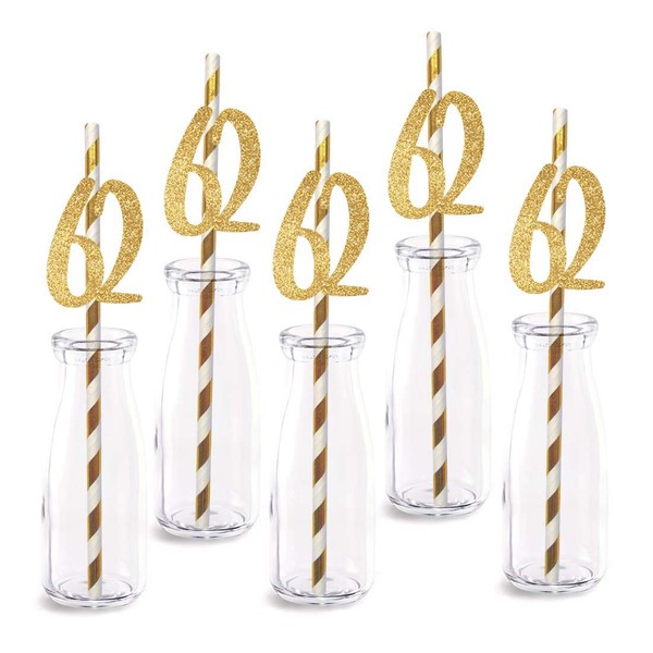 62nd Birthday Paper Straw Decor, 24-Pack Real Gold Glitter Cut-Out Numbers Happy 62 Years Party Decorative Straws
