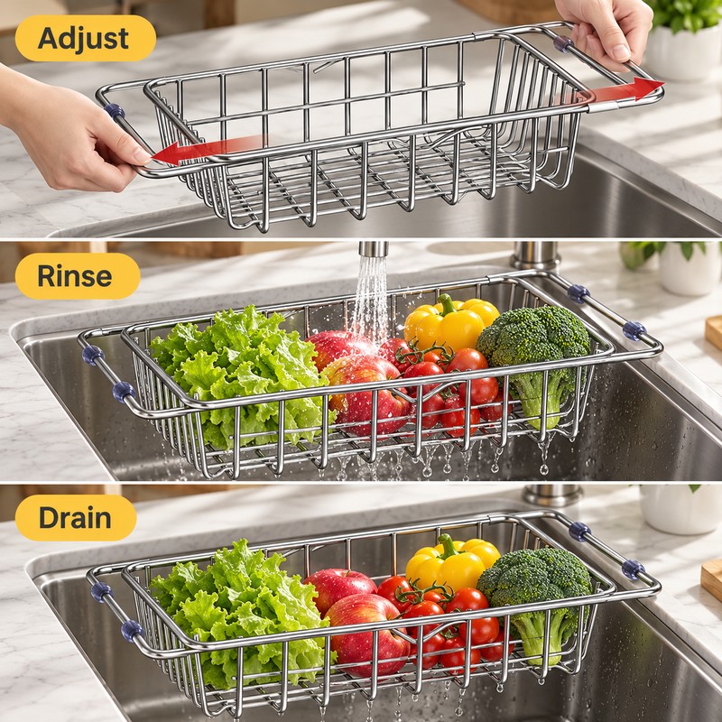 Expandable Stainless Steel Sink Drainer Basket for Washing Produce –