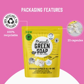 Marcel's Green Soap Dishwasher Capsules - Natural All-in-One Capsules - 99% Biodegradable - 100% Vegan - Palm Oil Free - 25 Capsules