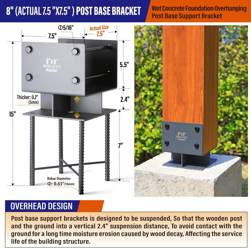 Prinfort Stainless Steel 8"x8"(Actual 7.5"x7.5") Post Base Bracket Concrete, Wet