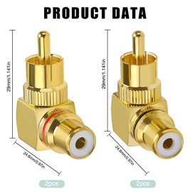 4 Pieces RCA Right Angle Adapter, 90 Degree RCA Male to Female Male Adapter, RCA Angle Plug Adapter Gold Plated for Stereo Audio or AV Video (2 Red + 2 Black)