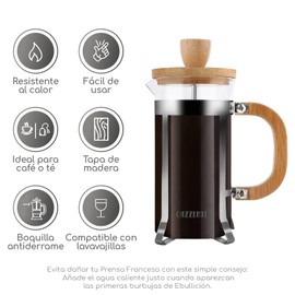Cazzenie Prensa Francesa de Vidrio con acabado de madera para preparar café o tisana. Cafetera Francesa Legno disponible en 350 ml (1 Taza) 600 ml (2 Tazas) y 1 Litro (3 Tazas) French press (600 ml)