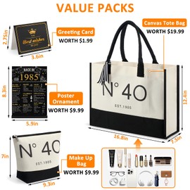 VZZNN 40th Birthday Gifts for Women Canvas Beach Tote Bag With Makeup Bag,Back in 1985 Poster Acrylic Table Sign with Stand & Card,40th Birthday Decorations Gifts For Wife/Sister/Mom/Aunt/Friends