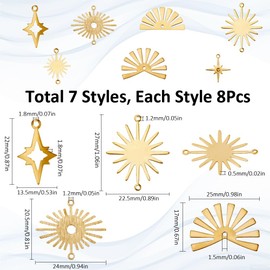 SUNNYCLUE 1 Box 56Pcs 7 Styles Brass Connector Charm Bulk Gold Link Charms Metal Golden Hollow Sun Eyes Stars 2 Holes Connectors Links Charm for Jewellery Making Charms Earring DIY Crafts Accessories