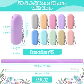 20 Sets Silicone Straws with Case Reusable Straws Foldable Travel Straw Portable Straw Collapsible Cold or Hot Drinking Straws with Carry Case, Long Cleaning Brush and Keychain, 10 Colors (Classic)