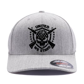 United We Stand, American Warrior Skull Custom Embroidered American Flag 6277 Flex Fitted Hat (L/XL, Heather Grey)