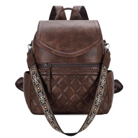 Kasqo Backpack Purse for Women,PU Leather Fashion Flap Quilted Backpack Ladies Handbag Convertible Shoulder Bag for Work Travel College with Guitar Strap Coffee