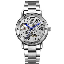 Alienwork IK Automatic Watch Men Women Skeleton Glass Base, Silver/silver/silver movement/metal strap silver, Bracelet