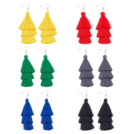 ANATTASOUL 6 Pairs 3 Tier Layered Colourful Tassel Earrings for Women and Girls Bohemian Style Large Dangle Fashion Jewellery Earrings Long Tassel Thread Ball Earrings Valentine's Day Party Jewellery,