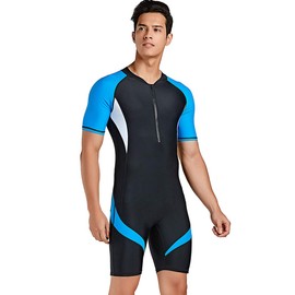 Cokar Men's Short Sleeve Sports Skins One Piece Sun Protection Swimsuit Surfing Suit New Blue Black-Men Medium