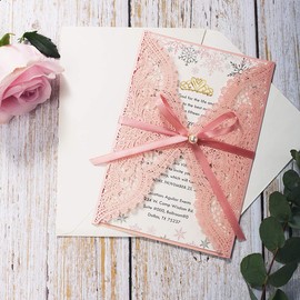 Pink Laser Cut Flora Lace Wedding Invitations Cards with Envelopes for Wedding Bridal Shower Engagement Birthday Baby Shower Invites, 20Piece
