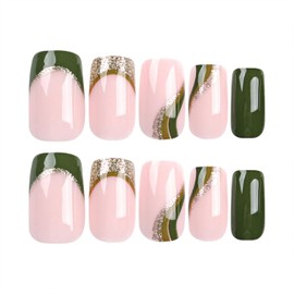 Green Acrylic Press on Nails Medium Fake Nails French Tip Glue on Nails Swirls Nails Press ons Light Pink Full Cover Artificial Nails Gold Glitter False Nails for Women 24 Pcs
