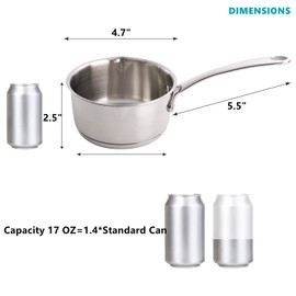 DEAYOU 18/10 Stainless Steel Butter Warmer Measuring Pan, 0.5-Quart Milk Warmer Pot with Dual Pour Spouts, 17OZ Small Sauce Pan for Stove Top, Chocolate Melting, Coffee Tea Soup Warming