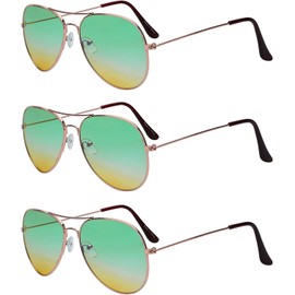 Case of 3 Pairs Aviator Sunglasses Two Tone Green Yellow Lens Gold Metal Frame