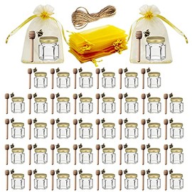 Adabocute 40-Count 1.5 oz Mini Hexagonal Glass Honey Jars - Small Honey Jars with Wooden Dippers, Bee Charms, Gold Gift Bags and Jutes - Honey Jars with Gold Lids for Baby Shower, Wedding and Party Favors