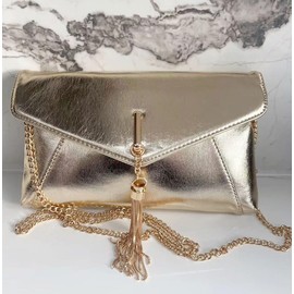 LeahWard Evening Clutch Purse, Chain Strap, Tassel Detail, Envelope Design (Beige)