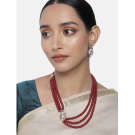Aheli Pearl Mala Maroon Necklace with Earrings for Women Indian Traditional Bollywood Fashion Stylish Ethnic Jewelry Set