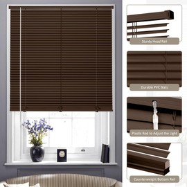 Kokorona Cordless Mini Blinds Horizontal Venetian Blinds Vinyl Window Shades Light Filtering Privacy Room Darkening Blinds for Bedroom, Kitchen, Office, 24" W X 64" H, Brown