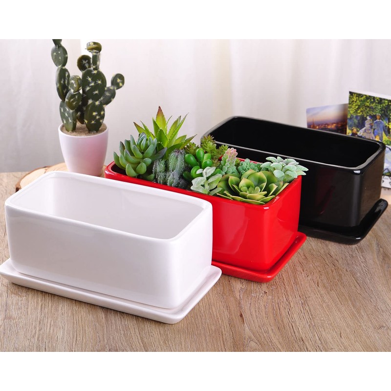 VanEnjoy 10 Inch Red Rectangle Ceramic Succulent Planter Pot Decorative