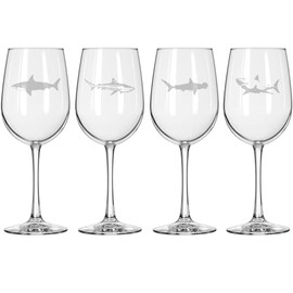 MIP Set of 4 Wine Glass for Red or White Wine Gift Sharks Collection (16 oz Tall Stemmed)