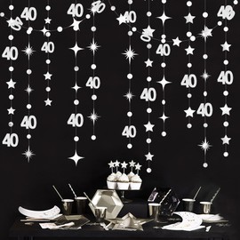 Silver 40th Birthday Decorations Number 40 Circle Dot Twinkle Star Garland Metallic Streamer Banner Backdrop for Women Mens Cheers to 40 Years 40 and Fabulous Happy 40th Anniversary Party Supplies