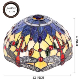 Tiffany Lamp Shade Replacement 12X6 Inch Stained Glass Lampshade Only 1-5/8-Inch Fitter Opening for Arched Floor Lamp, Torchiere Lamp, Pendant Light (Orange Blue Dragonfly)