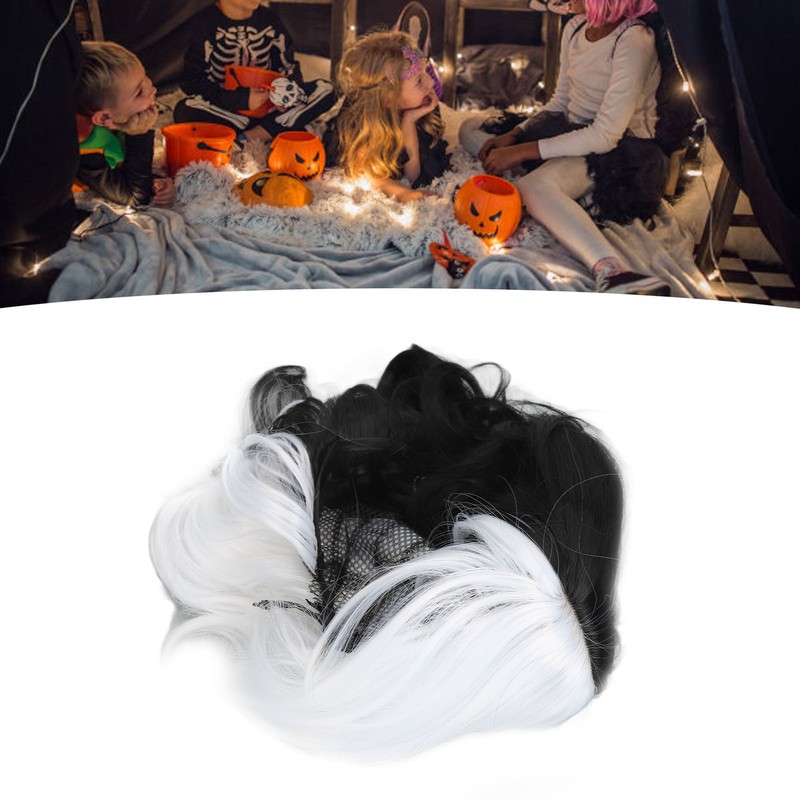 Black White Wig with Bangs Adjustable Breathable Net Synthetic Short