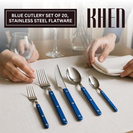 Khen Cutlery Set of 20, 18/8 Stainless Steel Flatware, Modern Silverware for Home, Kitchen, Dining & Table Setting for 4 – Stainless Steel, Dishwasher Safe, Lightweight & Ergonomic Design Gift - Blue