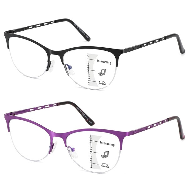 LKEYE-Gafas de lectura multifocales para mujer, multifoco progresivo, luz azul, lector de computadora, ojo de gato, medio marco de metal grande, sin línea, bifocales, gafas elegantes, paquete de 2, ne