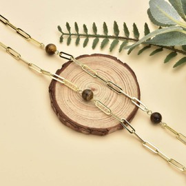 Shop LC Stainless Steel Yellow Gold ION Plated Beads Tigers Eye Paper Clip Station Beaded Necklace for Women Size 28" Ct. 17.50 for Women