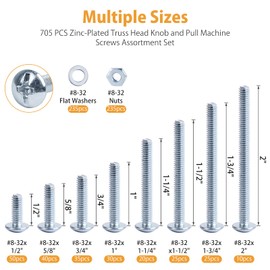 VIGRUE 705PCS #8-32x1/2" to #8-32x2" Machine Screws 8/32 Knob/Pull Screws Bolt Nut Flat Washers Zinc-Plated Steel Phillips Machine Screws Assortment Kit, Cabinet Door and Drawer Screws