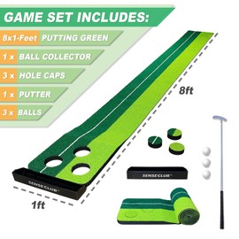 SENSECLUB Putting Green Indoor, Golf Pong Putting Game, Putting Matt for Indoors, Foldable Putting Mat Golf Game Set, Golf Gifts for Men 1x8 Ft