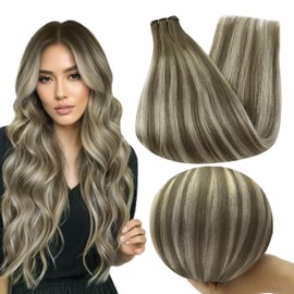 Full Shine Weft Hair Extensions Real Human Hair Straight Remy Hair Weft Extensions Color 7/800/7 Ash Brown To Blonde Mix Brown Human Hair Bundles 22 Inch Double Weft Hair Extensions 105 Gram