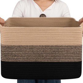 OIAHOMY Cotton Rope Basket, Rectangle Woven Baskets for Storage, Nursery Blanket Basket Living Room, Toy Basket With Handle, Baskets for Organizing-17.7”x13.8”x11”-Yellow Black