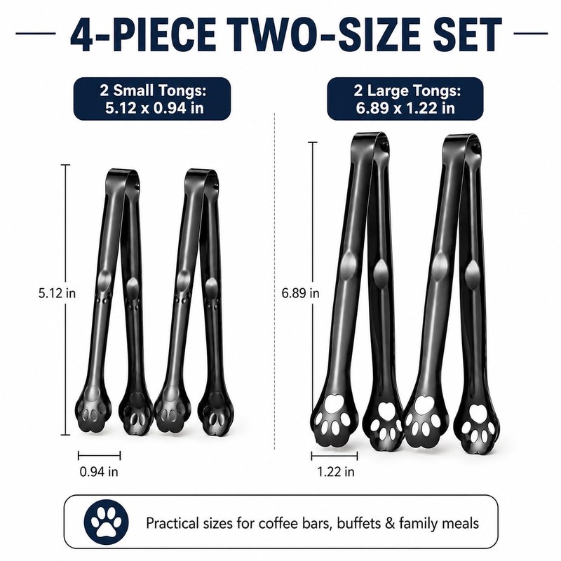 Black Cat Paw Food Tongs 4 Pack, 304 Stainless Steel,