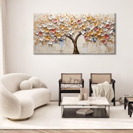 LASMOND LASMOND White Spring Tree of Life Wall Art Office Decor Living Room Modern Painting Prints Pictures Abstract Floral Flower Nature Canvas Large Landscape Artwork (20x40 Inches)