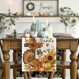 Artoid Mode Give Thanks Cross Turkey Sunflower Thanksgiving Table Runner, Harvest Fall Autumn Kitchen Dining Table Decoration for Home Party Decor 13x72 Inch