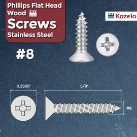 Kozelo 230pcs Phillips Flat Head Wood Screws - [#8x5/8"] 304 Stainless Steel Countersunk Self Tapping Screws for Furniture Assembly, Interior Trim, Outdoor Construction, Silver