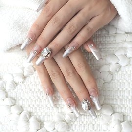 GLORS Press On Nails, Long Ballerina Coffin Shape, Silver Glitter French Tips with Rhinestones, 10 Pieces (S, LB)