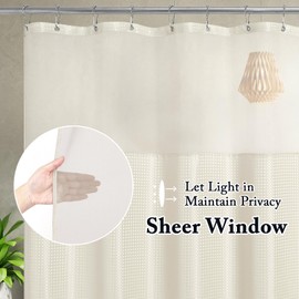 Gibelle Waffle Weave Shower Curtain with Mesh Top Window and Hooks Set, Spa Like Hotel Style Fabric Shower Curtain for Bathroom, Ivory, 72x72